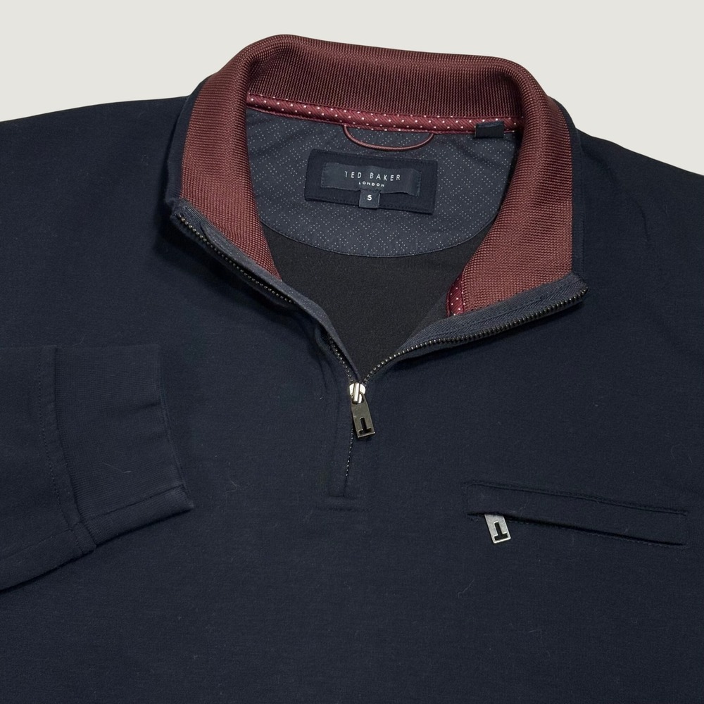 Ted Baker Quarter Zip Pullover Mens 5 Navy Blue XL Burgundy Trim Leevit Sweater